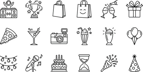 Party and celebration line icon set, featuring music food drinks shopping gifts balloons photography birthday event fun concepts nightlife festival © MstRokeya