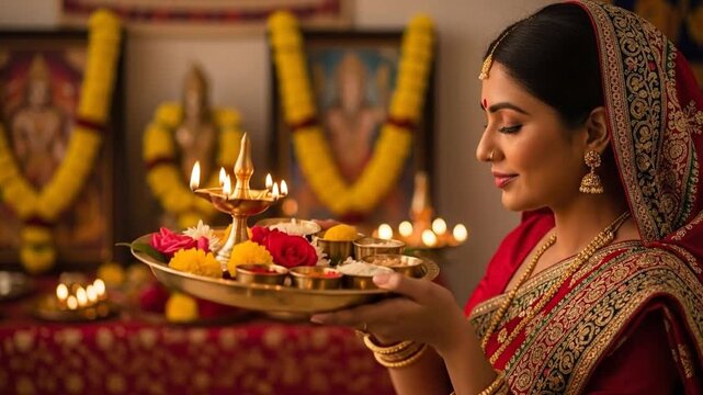 Traditional Indian woman performing Puja ceremony holding thali