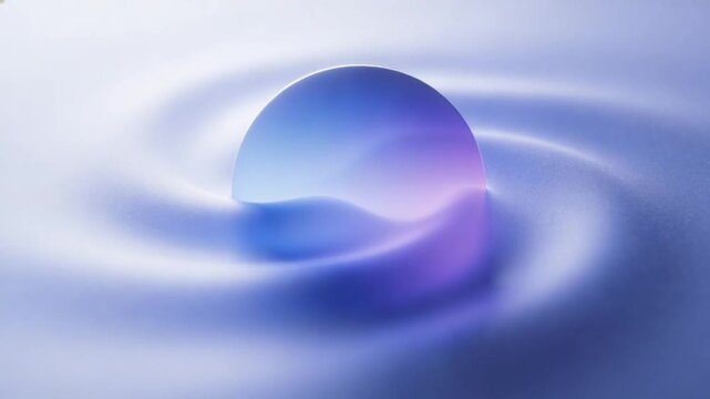 Close-up of a translucent purple sphere creating ripples in water with a gradient of blue and white hues.