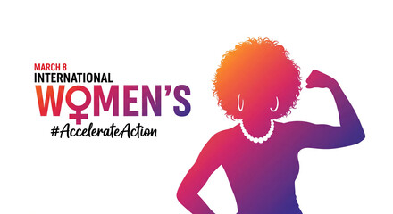 Happy International Women's Day card design. Woman Sign, Logo illustration with Women of different ethnicities are standing together. 2025 campaign theme - #AccelerateAction See Less