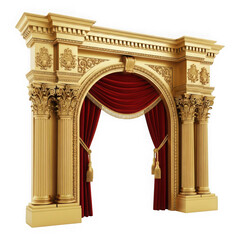 Fototapeta premium Ornate theater arch with red curtains isolated on transparent background