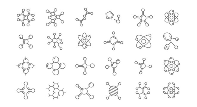 A collection of diverse simplistic black and white illustrations depicting various molecular and atomic structures