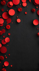 Festive abstract background with red circles and floral shapes on black
