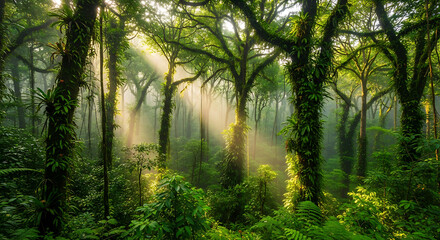 Sunlight streams through the dense canopy of an old growth tropical rainforest illuminating misty air and vibrant green foliage clinging to ancient tree trunks creating a magical atmosphere.