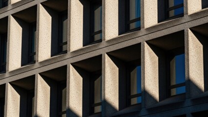 A modern, concrete building facade with geometric patterns and reflective glass windows.