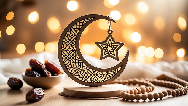 Islamic Crescent Moon and Star Decoration with Dates and Prayer Beads on Warm Golden Background for Ramadan