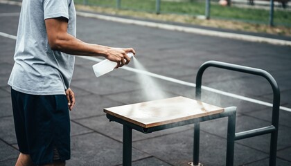 Man spraying disinfectant on outdoor workout bench for hygiene