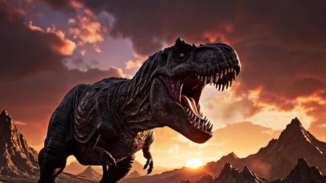A large trex dinosaur standing in a mountainous landscape with a fiery orange sunset in the background with clouds and volcanoes
