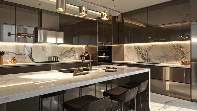 Modern kitchen interior with sleek cabinets, marble countertops, and stylish island seating.