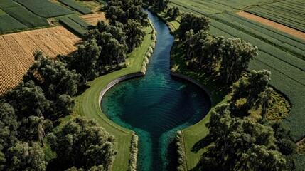 Aerial View of a Serene Water Reservoir Surrounded by Lush Green Fields and Tall Trees