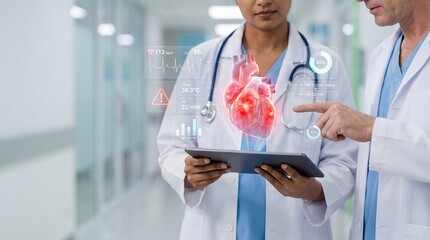 Doctors reviewing critical cardiac vitals on digital holographic interface with 3D heart model