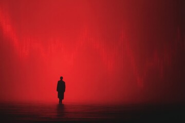 Obraz premium Solitary figure walking in vast red digital stock market landscape