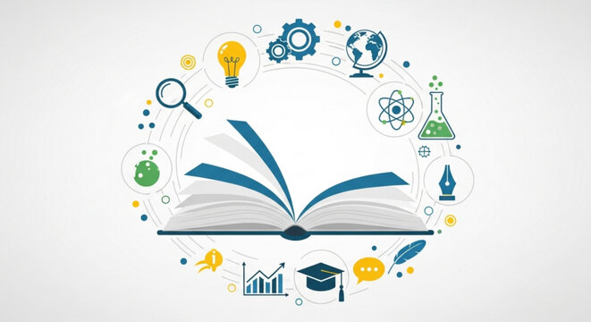 Education icons surround open book with graduation cap and science symbols