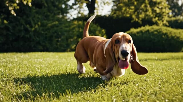 Basset Hound Running in Green Field