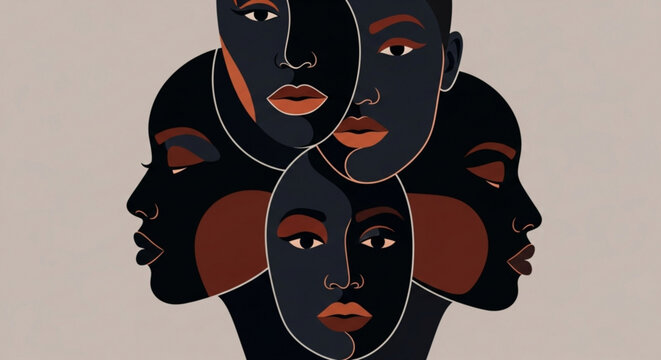 Multiple diverse faces overlapping in abstract art style portrait