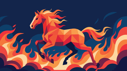 Illustration Of Fire Horse Charging Through Fire Clouds, Powerful Zodiac Vector Design Template