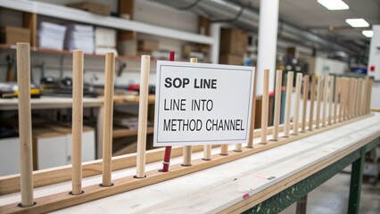 Signage Indicating SOP Line and Method Channel in a Woodworking Workshop Environment with Equipment and Tools