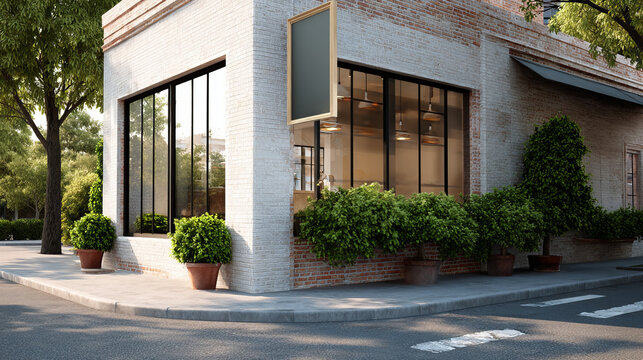 Corner cafe with large windows, potted plants, brick wall, and cozy atmosphere on sunny day