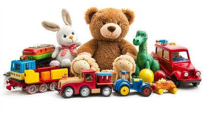 Comprehensive kids' toy collection staged against pure white background featuring classic plush brown bear, soft fabric bunny with floppy ears, traditional child's doll with detailed outfit, painted