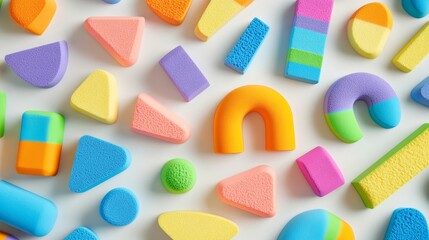 Professional arrangement of molded kinetic sand shapes in vibrant rainbow colors, textured surface catching studio lighting, organized in geometric pattern on seamless white background, commercial