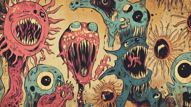 Vintage American comic book inspired microscopic amoeba characters with exaggerated pseudopods and simplified nuclei, bold primary color palette with halftone shading effects, complete illustration