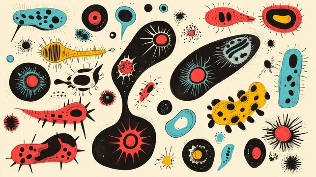 Playful 1950s comic book style single-celled organism illustrations with dramatic black outlines and simplified anatomy, various amoeba shapes with exaggerated features in vibrant primary colors with