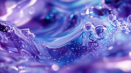 Ultra-close macro lens capturing fluid motion of transparent slime with vivid blue-to-ultraviolet color shift, internal light refraction creating dynamic patterns, bubbles of varying sizes suspended