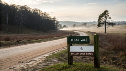 Serene Forest Vale Scene with Gravel Road and Misty Landscape at Dawn in Nature's Tranquil Setting