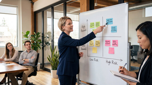 Businesswoman analyzing ESG compliance with sustainability risk&ndash;reward matrix on whiteboard during corporate meeting with diverse business team, reporting priorities and circular economy initiatives