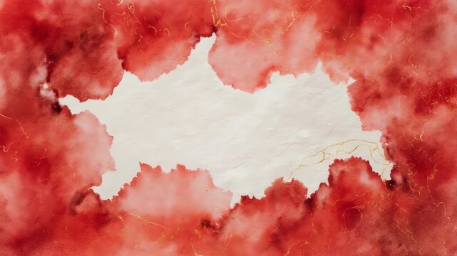 Abstract red watercolor background copy space, shimmering golden ink veins slowly grow across the red wash
