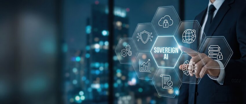 Sovereign AI Concept with Businessman Interacting with Digital Interface for Data Privacy and Secure Artificial Intelligence Infrastructure