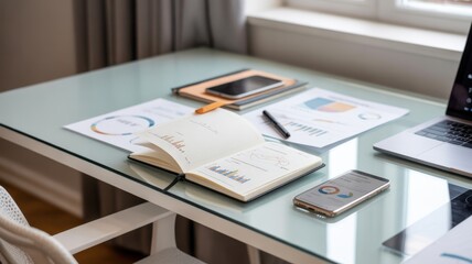 Business Desk with Charts, Laptop and Notebook for Financial Analysis