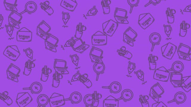 Purple background with drawings of home objects like pans. Suitable for kitchen and household design projects, recipe cards, and food blogs.
