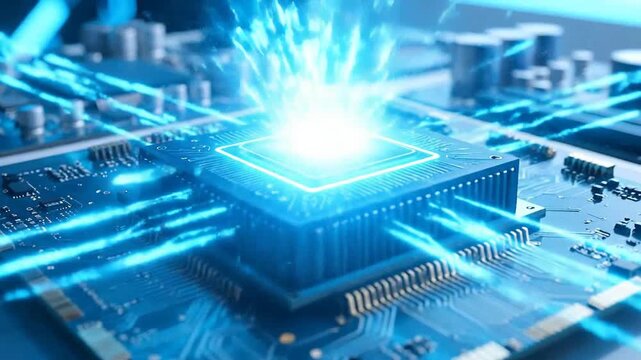 Close-up of a modern computer processor with glowing blue light, showcasing technology.