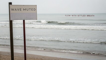 Tranquil Beach Scene with Signage Promoting Calmness and Serenity by the Ocean Shoreline at Dawn or Dusk