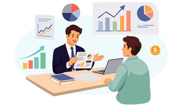 Video footage showing a financial advisor explaining reports and growth charts to a client during a business meeting. Concept of investment planning, data analysis, corporate strategy, and professiona