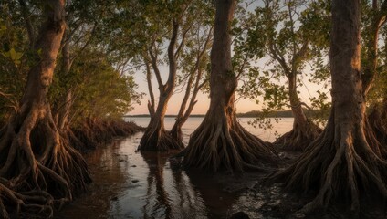 Mangrove forest at sunset.  Sunlight filters through canopy of tall trees.  Roots of trees are prominent.  Water reflects the sky and trees