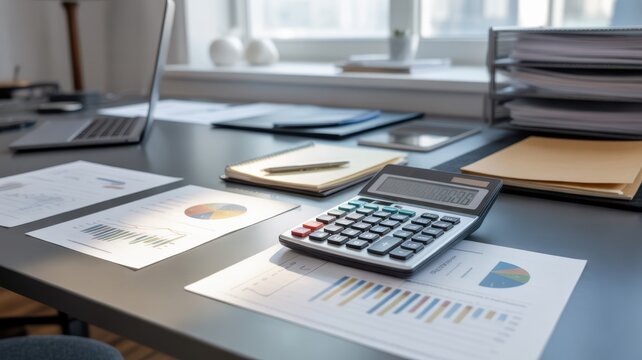 Calculator and Financial Reports on Office Desk with Laptop and Window Light