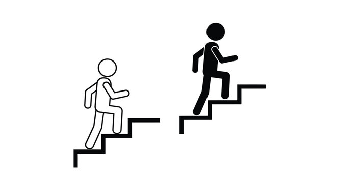 A simple illustration depicts two stick figures ascending staircases one facing forward and another sideways