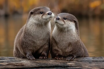 Two curious small clawed otters on a log in nature