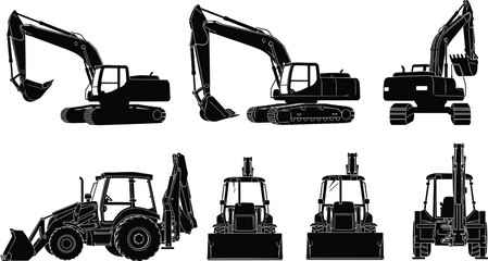 Black, construction, vehicle, silhouettes, set, of, excavators, and, backhoe, loaders, isolated, on, white, background, for, industrial, equipment, design, vector, illustration © Mokbul