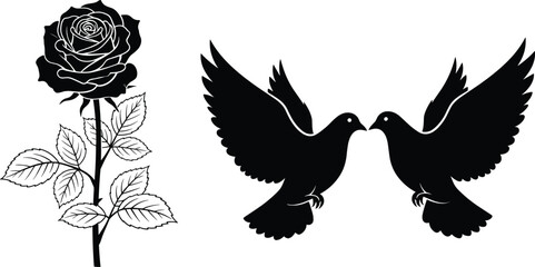 Obraz premium Black, rose, silhouette, and, two, flying, doves, bird, vector, illustration, set, isolated, on, white, background, for, tattoo, design, art, graphic