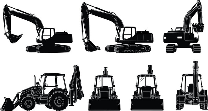 Black, construction, vehicle, silhouettes, set, of, excavators, and, backhoe, loaders, isolated, on, white, background, for, industrial, equipment, design, vector, illustration