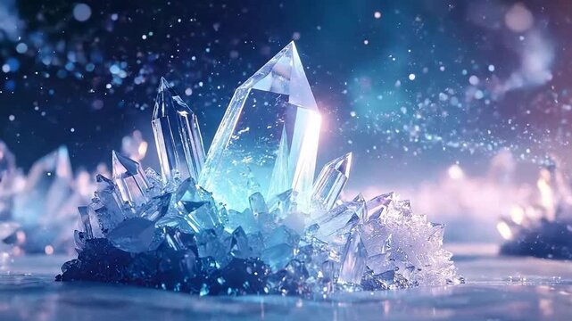 Sparkling crystal formation displayed with glowing highlights against a blurred, ethereal backdrop.