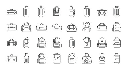 Fototapeta premium A collection of various travel luggage and bag icons in a simple black and white outline style