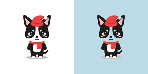 Obraz premium A cartoon black cat wearing a red hat and scarf stands on a plain background from a straightforward front view