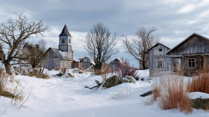 Fototapeta premium Snowy rustic village panorama with wooden houses, church, bare trees, winter landscape