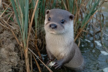 Fototapeta premium Wild otter holding small fish in water by reeds
