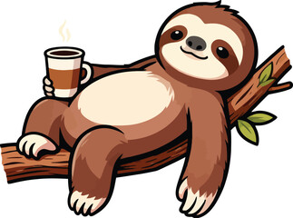 Fototapeta premium Cartoon Sloth Relaxing with Coffee on Branch.