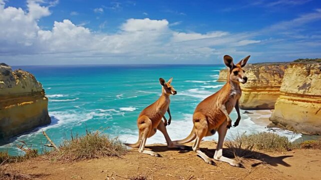 Two kangaroos standing on cliff overlooking ocean waves